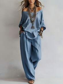 Women's 2 Piece Pants Set, Off Shoulder Loose Fit Top And Wide Leg Pants Casual Minimalist Bohemian Vacation Outfit - 霧霾藍 - 查看 6