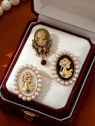 1pc Vintage European And American Style Pearl & Rhinestone Cameo Brooch, Suitable For Suits And Dresses, Holiday Gift Accessory