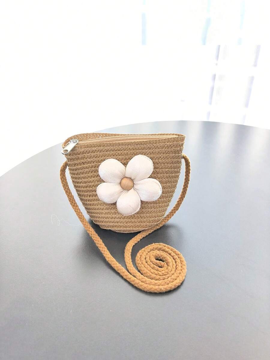Handmade Woven Girl Flower Straw Bag Coin Purse Zipper Messenger Bags Photo Props Storage Basket Crossbody Handbag - A - View 1