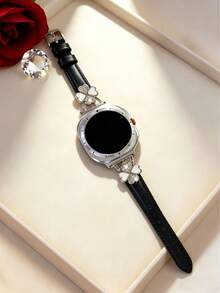 1件裝 Galaxy Watch 8 40mm 44mm 女款皮革錶帶，鑲嵌人造鋯石時尚金屬扣替換錶帶，超薄舒適防汗，適用 4.3 至 6.5 英吋腕圍，優雅時尚，適合商務/約會/婚禮/派對/日常佩戴，送給她的可愛禮物，智慧手錶替換錶帶配件 - 黑+銀 - 查看 9