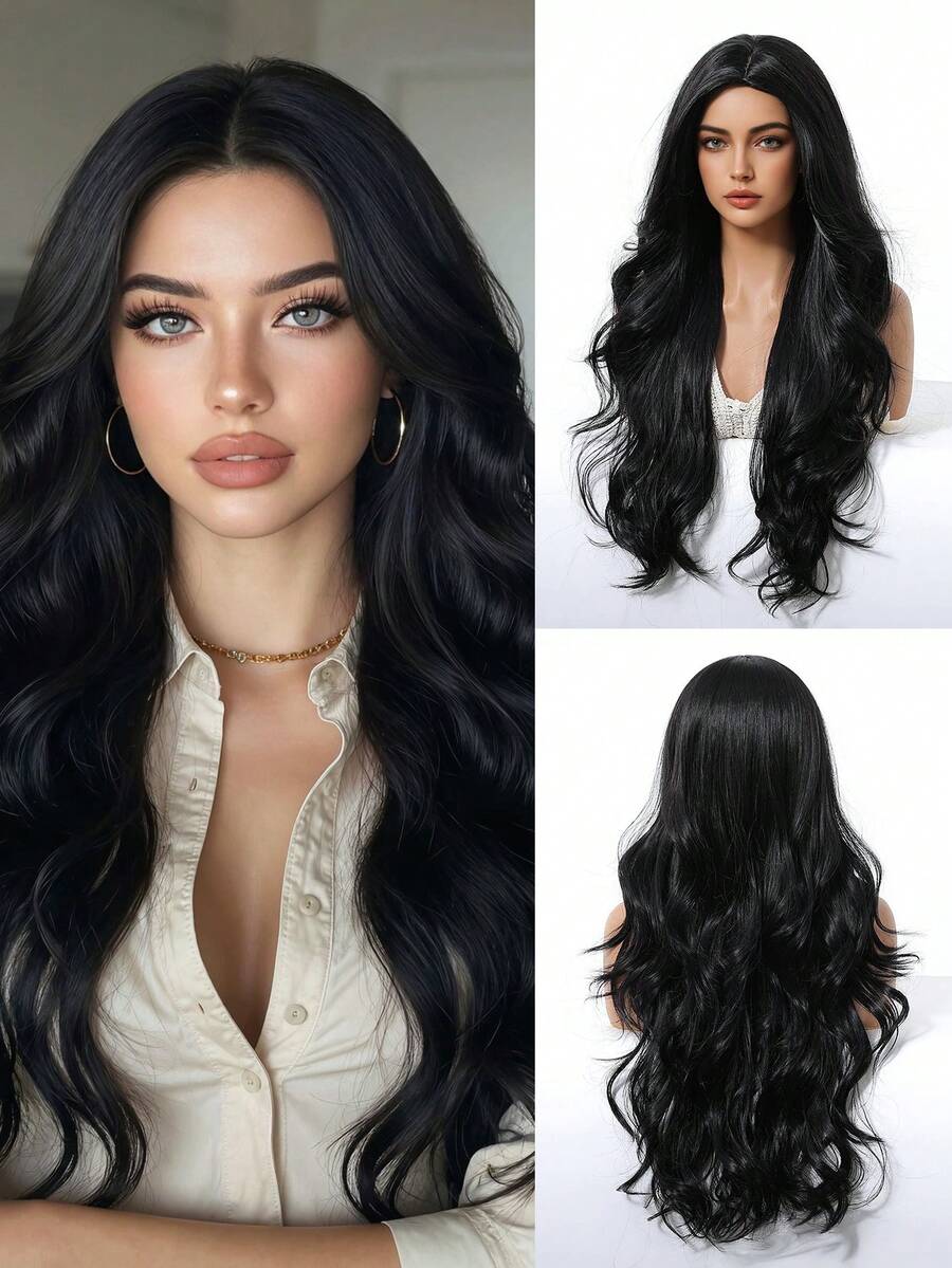 28英寸黑色耐热长款波浪卷假发，舒适自然卷曲，适合日常、假日、旅行、万圣节、圣诞节、新年派对、音乐节、角色扮演，是送给女孩的礼物，也是夏季毕业礼物、现成礼物、万圣节和圣诞节礼物的理想之选。 - 黑色 - 查看 1