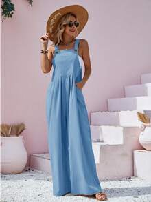 Women's Casual Solid Color Button Strap Wide Leg Jumpsuit, Spring/Summer Elegant - Blue - View 4