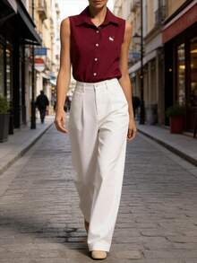 Elegante Camisa sin Mangas Color Borgoña con Cuello y Botones Frontales, Bordado Floral Pequeño, Blusa Informal para Uso Diario - Granate - Ver 5
