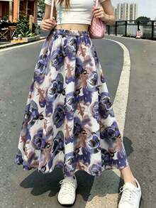 Falda larga y acampanada de mujer elegante, de gasa estampada, forrada, de estilo casual y de moda, adecuada para vacaciones de verano, otoño y primavera - Morado - Ver 4
