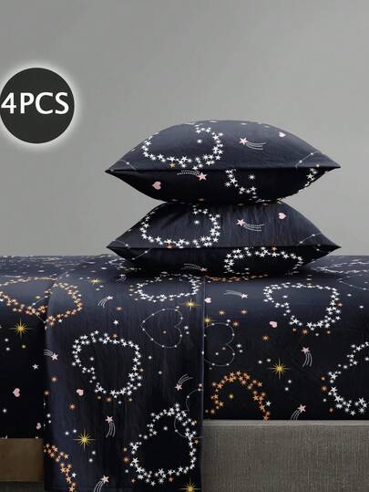 4pcs Blue Heart Shaped Stars Pattern Bedding Set, Soft Microfiber Easy Care Bedding Set, Floral Pattern Bed Sheet Set (1 Bed Sheet + 1 Bed Skirt + 2 Pillow Shams), Bed Skirt Set, Fits Twin, Full, Queen, King Size Beds, Deep Pocket Bed Skirt Design, Up To 11.8 Inch Pillow Sham, Soft & Breathable, Wrinkle-Resistant, Luxury Hotel Style, Sweet Girl Style, Gift For Parents, Friends