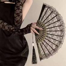 Gothic French Vintage Lace Handheld Folding Fan With Tassel - Elegant Hollow Fabric Fan, Suitable For Wedding Party, Dance Performance, Cosplay And Photography Prop - Black - View 9