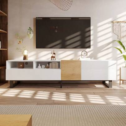 Modern TV Unit, White And Wood Look, 180 X 50 X 38 Cm, Minimalist Design.