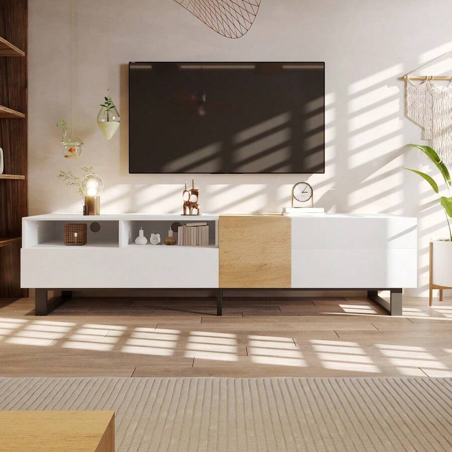 Modern TV Unit, White And Wood Look, 180 X 50 X 38 Cm, Minimalist Design. - White - View 1