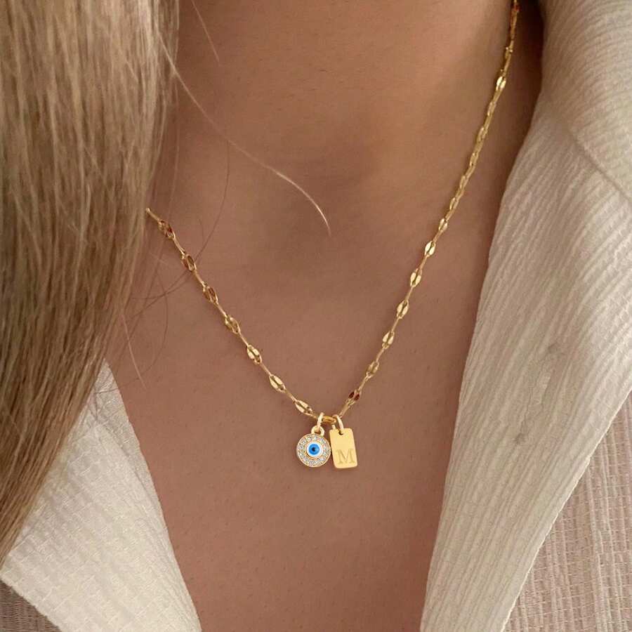 1pc Women's Classic Rectangular Letter Round Pendant Gold Stainless Steel Lip Chain Necklace - Yellow Gold - View 1