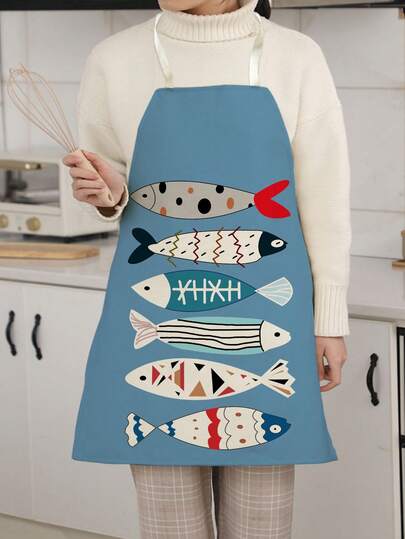 1pc Cartoon Fish Pattern Single-Sided Printed Apron, Unisex Home Kitchen Neck-Tie Apron, Home Decor Kitchen Cooking Protective Apron