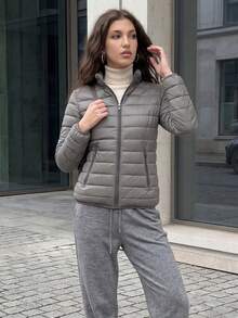 ZIAI Women's Solid Color Stand Collar Lightweight Jacket, Winter - Dark Grey - View 4