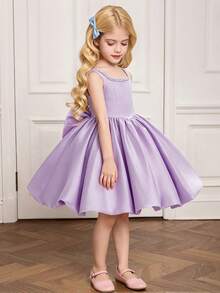 Elegant Satin Bowknot Back Flower Girl Dress For Birthday Party, School Dance, Without Headband - Mauve Purple - View 3