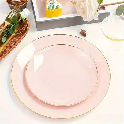 10/20/25/50 piezas Juego de vajilla rosa con borde dorado, que incluye platos de 10.25" y 7.5", bandejas para alimentos, platos para ensalada de frutas, platos para cena, platos, utensilios de ensalada lavables, reutilizables, fáciles de limpiar. Adecuado para decoración de bodas, decoración navideña, fiestas de cumpleaños, reuniones familiares, actividades al aire libre, escuelas, restaurantes y fiestas en la cocina, regalos estacionales para el hogar y la escuela
