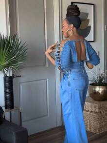 Denim Set With Fan Design And Off-The-Shoulder Style, Best Seller - Jacket + Pants (Suit) - View 2