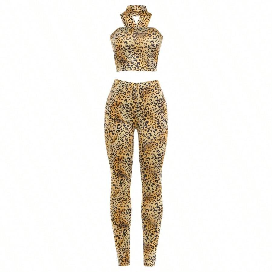 Conjunto de 2 piezas de leopardo estilo hipster para mujer: Top halter con escote cruzado + leggings a juego, elásticos, ajustados, estilo urbano deportivo. - Amarillo - Ver 1