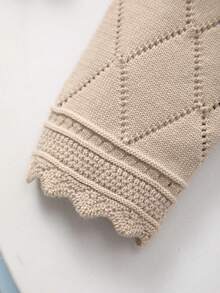Girls' Spring Elegant Hollow Design Argyle Pattern + Lace Trim Knit Cardigan, Soft And Sweet, Suitable For Daily Wear Or Outings - Khaki - View 5