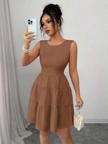 Vestido de verano sencillo de unicolor y de moda para mujeres - Marrón - Ver 5