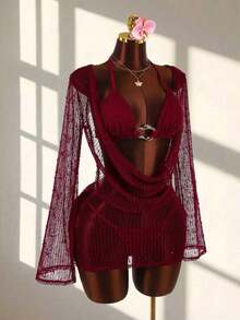 Conjunto de 2 piezas de cubrecuerpo sexy y vanguardista para mujer, adecuado para usar en vacaciones - Conjunto de traje de baño de malla sexy y vanguardista - Burdeos - Ver 5
