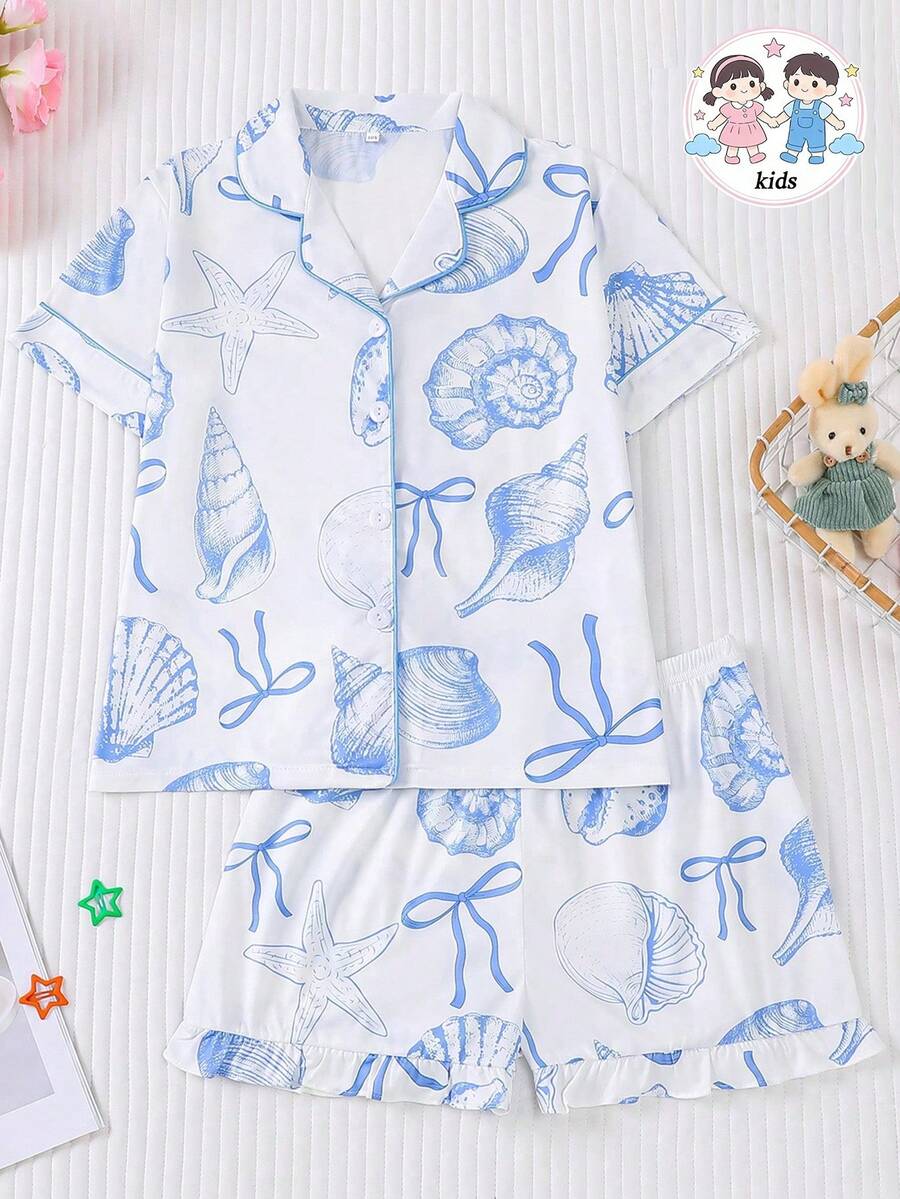 Bộ đồ ngủ trẻ em mùa hè kiểu dáng đại dương, chống cháy, gồm 2 món: áo khoác cardigan tay ngắn cổ bẻ và quần short cạp chun rộng rãi, nền trắng phối họa tiết đại dương xanh và vỏ sò, bộ đồ ngủ mặc nhà thoải mái, rộng rãi cho trẻ lớn. - trắng - Xem 1