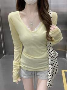Women's V-Neck Long Sleeve T-Shirt, Versatile Sun Protection, Suitable For Spring And Summer Yellow - Yellow - View 3