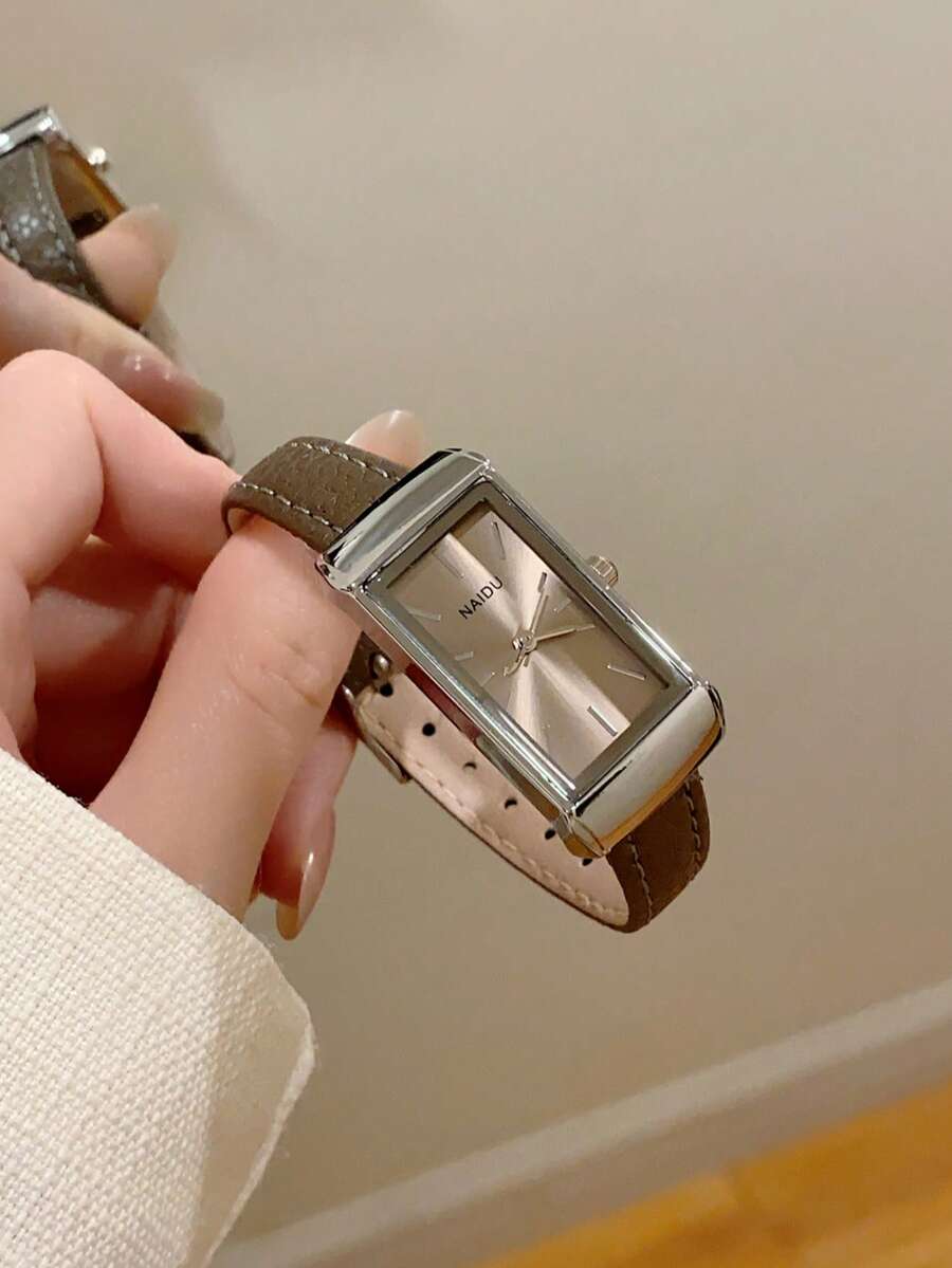 1 pieza Reloj de cuarzo para mujer de estilo retro con correa ajustable, forma elíptica con escala de números romanos, compacto y perfecto para uso diario - Gris - Ver 1