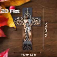 2D 平面复古教堂风格大十字架 - 精致花卉图案，优雅的中心装饰品，有深棕色/金色/灰色/黑色可选 - 采用工程木/实木制成 - 坚固底座，适用于家庭、教堂、办公室 - 是送给神职人员的理想退休礼物 - A - 查看 3