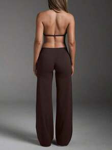 Pantalones acampanados ajustados de unicolor elegantes y modernos para el trabajo y el deporte para mujer, primavera - Óxido marrón - Ver 8