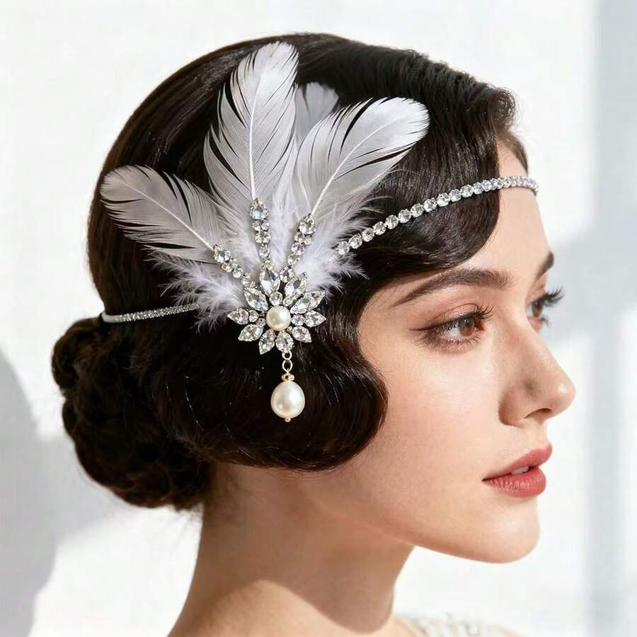 Celebrity-Inspired Retro Feather & Crystal Headchain, 1920s Bridal Evening Party Pearl Headpiece