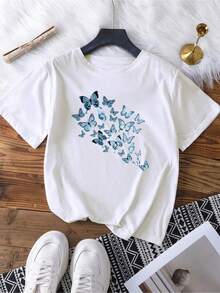 Áo thun nữ cỡ lớn tay ngắn cổ tròn họa tiết bướm bay tinh nghịch, thích hợp mặc hàng ngày. Phong cách thường ngày. - trắng - Xem 1