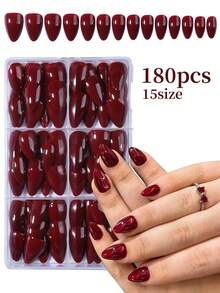 180pcs (6 Styles Mixed) Short Almond-Shaped Wine Red Press-On Nails, Acrylic False Nail Set, Includes 1 Piece Gel Polish And 1 Nail File - Burgundy - View 8