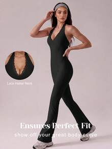 Women's Halter Neck Yoga Jumpsuit Lace Patchwork V Neck Removable Pads Hollow Out Backless, Sleeveless Tummy Control Casual Solid Color High Stretch Workout Utitard One Piece Jumpsuit For Y2K Yoga Gym Sports Dailywear, Ladies Sportswear All Seasons - 黑色 - 查看 3