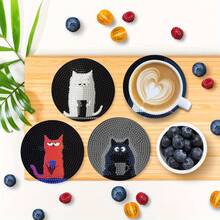 8件套黑猫钻石画杯垫套装，圆形闪亮钻石，全套工具，DIY手工减压，春节、圣诞节、教师节的绝佳礼物，送给家人和朋友的实用乔迁礼物 - 彩色 - 查看 3