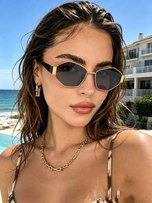 2pcs Summer Fashion Eyeglasses Set, Retro Polygon Metal Frame Decorative Glasses, Unisex Streetwear, Daily Commute, Photo Prop - 2pcs Diamond Ash and Diamond Tea - View 2