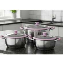 Budineras con asas de silicona color rosa / cacerolas  de Cocina 6 piezas de acero inoxidable de alta calidad resistente, compatible con cualquier fuente de calor incluyendo inducción. - Ver 6