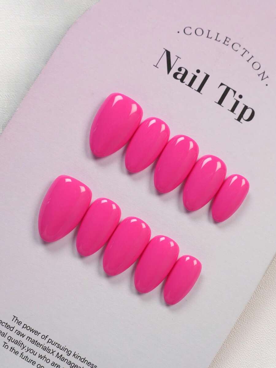 10pcs Y2K Style Neon Pink Nail Stickers | Short Flat Almond & Square Glossy Retro Nail Stickers | Reusable, Suitable For Daily And Holiday Manicure | Reusable, Suitable For Daily And Spring Holiday Elegant Manicure | Complete Manicure Set Includes 1 Nail File And 1 Gel Glue Press On Nails - Multicolor - View 1