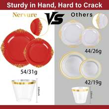 350pcs Red Gold Plastic Dinnerware Set For 50 Guests Includes 100 Gold Plates 50 Pre Rolled Silverware Sets 50 Cups Ideal For Weddings Parties - Red and Gold - View 3