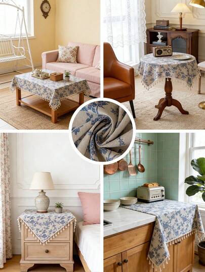 Bubaba 1pc Vintage Blue Rose Floral Tassel Tablecloth, Rectangular Dining Table Cover Suitable For Dining Table, Coffee Table, Bedside Cabinet, Suitable For Farmhouse, Kitchen, Dining Room, Living Room, Party, Picnic, Camping, BBQ, Holiday, Wedding Decoration, Spring And Summer