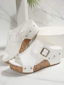 Summer Fashion Rivet Platform Sandals For Women, Open Toe Buckle Design, Slip-On Soft Cork Thick Sole, Versatile & Comfortable Elevated Style, Suitable For Casual & Outdoor Wear. - White - View 1