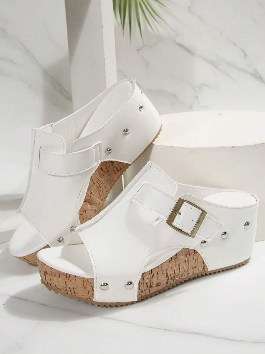 Summer Fashion Rivet Platform Sandals For Women, Open Toe Buckle Design, Slip-On Soft Cork Thick Sole, Versatile & Comfortable Elevated Style, Suitable For Casual & Outdoor Wear. - White - View 1