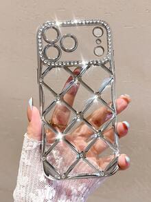 Luxury Rhinestone Inlaid Diamond Pattern Silver Plated Soft Phone Case Compatible With IPhone 17 Pro Max/17 Pro/17/16 Pro Max/16/16 Pro/15/15 Pro Max/15 Pro/13/14 Pro Max/13 Pro/13 Pro Max/14 Pro/14 Pro Max, Electroplated Craftsmanship - Silver - High-grade Plating - View 3