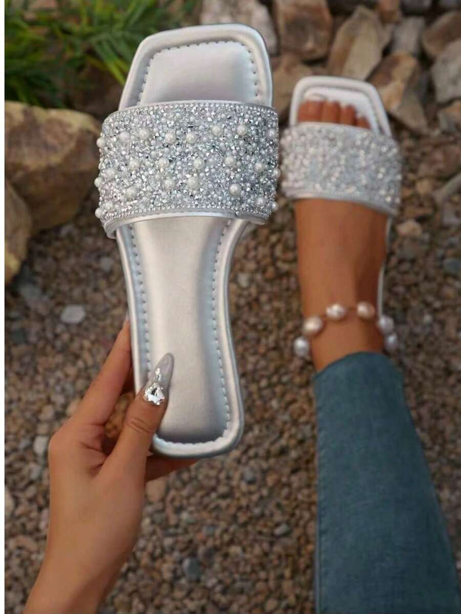 1 Pair New Flat Slide Sandals/Solid Color Flat Design Shiny Upper Exquisite Design Rhinestone Decor Slip-On Easy To Put On And Take Off Easy To Clean Elegant Sophisticated Fashion Versatile Suitable For Daily Wear Shopping Dating Vacation Travel Must-Have Mule Sandals