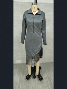 Long-Sleeved Fitted Suede Dress With Fringed Western Cowboy Style - Grey - View 2