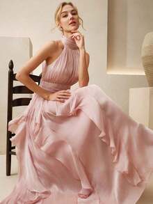 [2026 NEW Spring/Summer Style] Women'S New Elegant Sleeveless Halter Long Dress, Waist Pleated Slimming Shiny Wavy Hem Dress, Pink, Suitable Banquet, Party, GatheringG - 綠色 - 查看 7