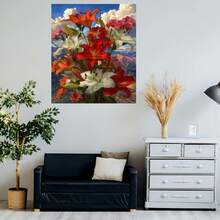 Pintura en lienzo sin marco 2D plana, 2D plana, 2D plana 1 pieza | Ramo de lirios, flores rojas y blancas con colores vibrantes, ideal para la decoración del hogar y la oficina, estilo minimalista y moderno - Enmarcado - Ver 5