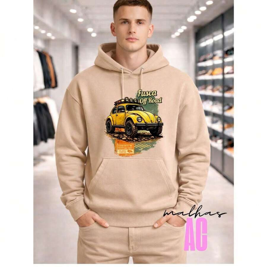 Moletom Masculino Canguru Blusa Fusca Road Estampada  Algodao Unissex - Bege - Visão 1