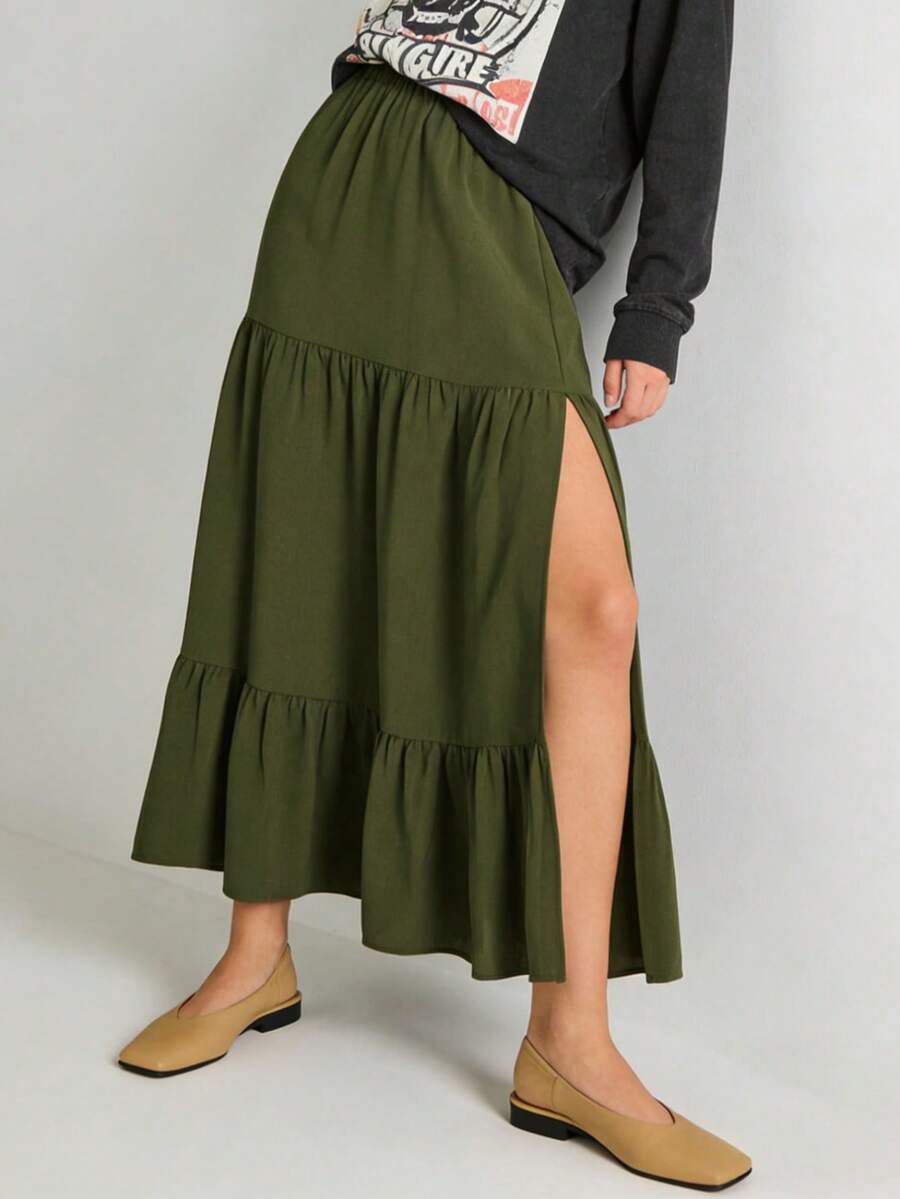 Mid-Length Solid Color Elastic Waist Ruffle Hem Layered Skirt - Army Green - View 1