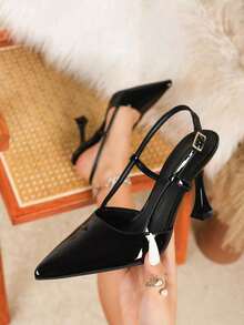 Women's Adjustable One-High Heels, 9CM Pointed Toe Elegant High Heel Shoes, Black Mirror PU Material, Suitable Daily Wear/Party,Elegant,Women Pumps,Elegant - Black 2 - View 13