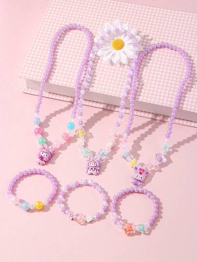  6pcs/Set Sanrio Girls Cute Flower & Star Beaded Necklace, Bracelet, Wristband Jewelry Set, Colorful Beads Random, Suitable For Holiday Party, School, Birthday Gift