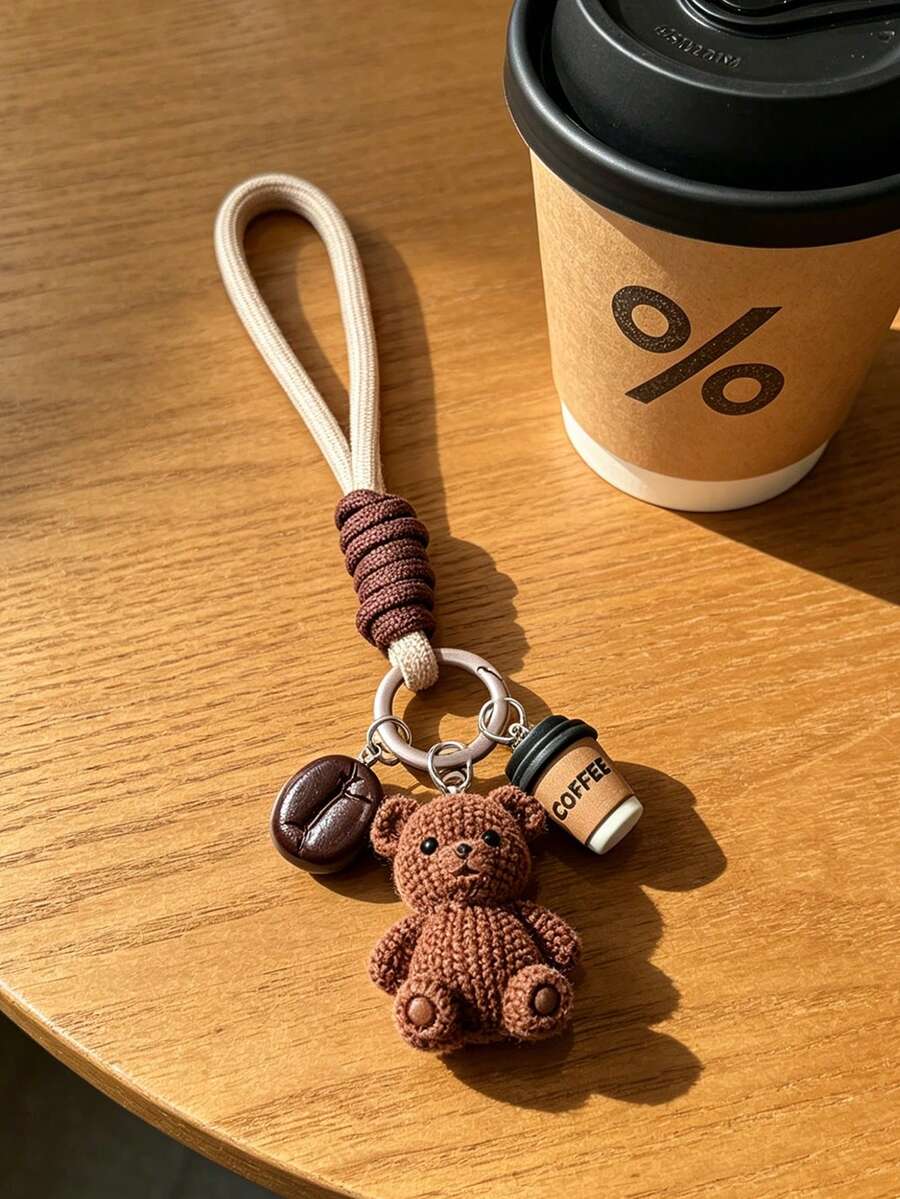 Cute Brown Bear Keychain With Coffee Cup Pendant, Resin 3D Bear Keychain With Coffee Bean Pendant, Bohemian Style Woven Lanyard Keychain Suitable For Women And Coffee Lovers, Mini Resin Bag Charm, Women's Fashion Accessory, Home Keychain, Bag Decoration, Earphone Charm, Phone Case Charm, Car Keychain, Back To School Gift, Suitable For Handbag/Backpack/Laptop Decoration And Keychain Accessories, Holiday Gift, Birthday Gift - Multicolor - View 1
