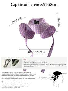Vintage Check Pattern Applique Contrast Color Drawstring Wide Brim Bucket Hat, Boho Vacay Spring/Summer Sun Protection Hat, Bright Monochromatic Looks Tie Strap UV Protection Travel Hat, Back To School,Beach,Festival - Multicolor - View 2